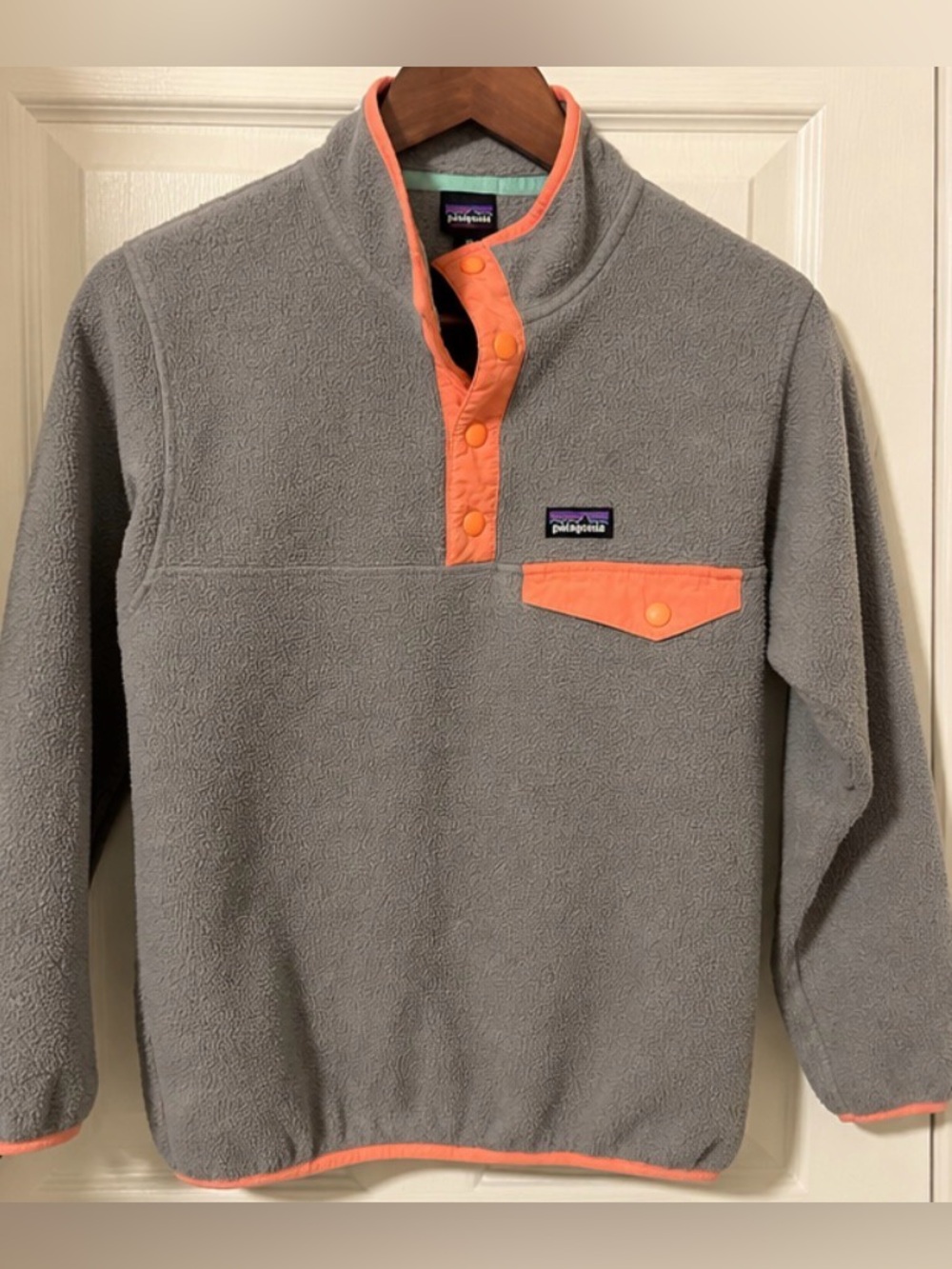 Patagonia Gray Fleece Crewneck with Coral Trim